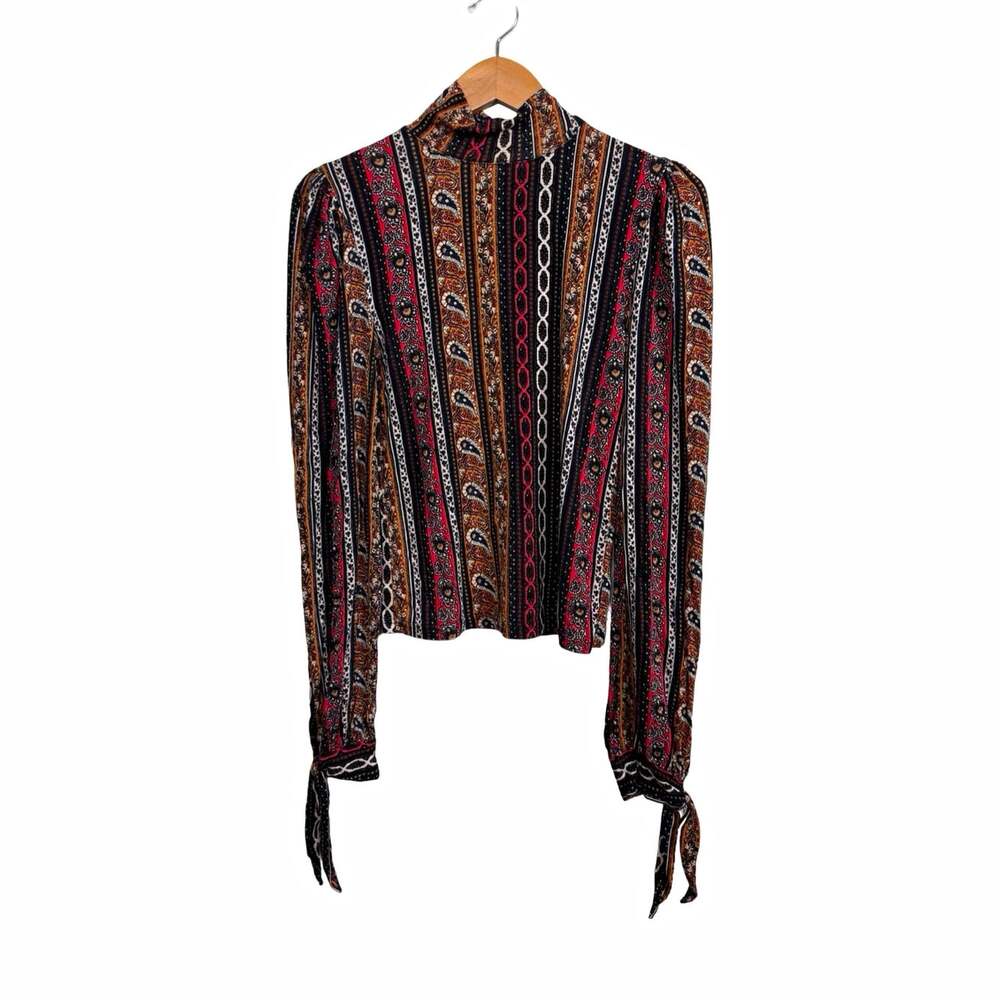 Free People Mock Neck Paisley Jersey Stretch Blouse Long Sleeve Tie Cuffs S